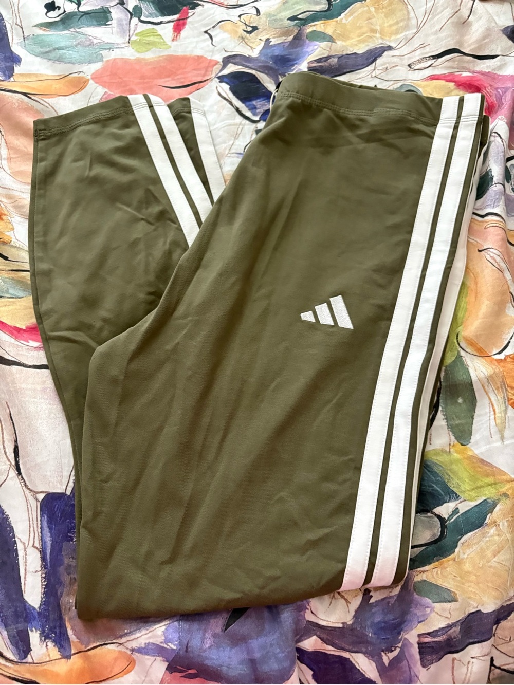 adidas Women’s Olive Green Leggings with White Three-Stripes